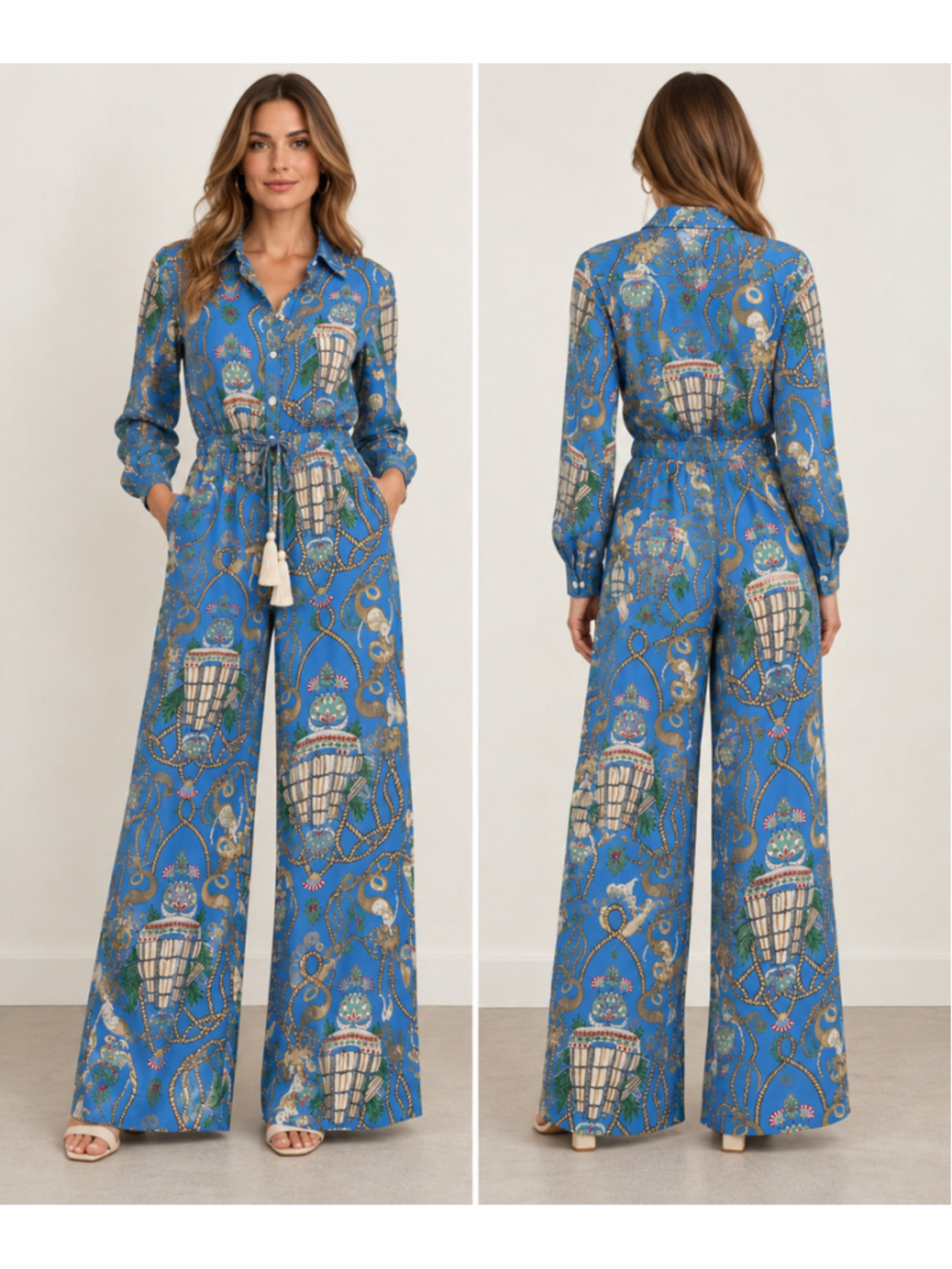 Paolita London Silk Nautical Print Wide Leg Jumpsuit Blue M